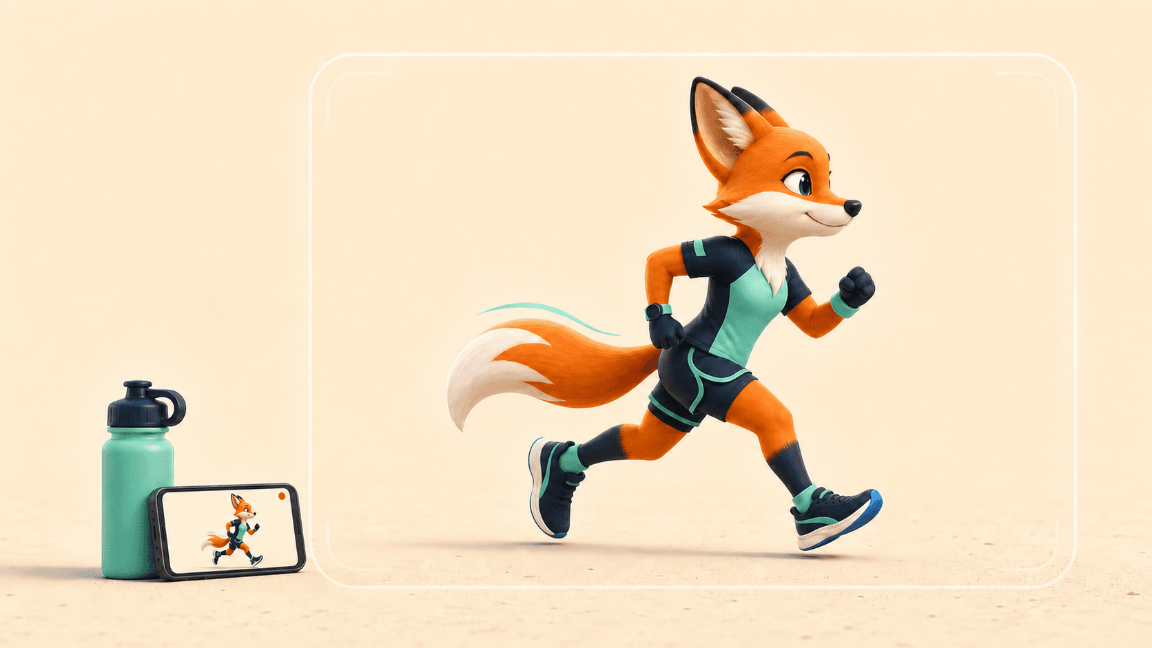 Scout demonstrating a solo side-view running video with a phone propped against a water bottle while wearing both running shoes